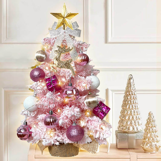 2ft Mini Christmas Tree with Light Artificial Small Tabletop Pink Christmas Decoration with Flocked Snow;  Exquisite Decor & Xmas Ornaments for Table Top for Home & Office