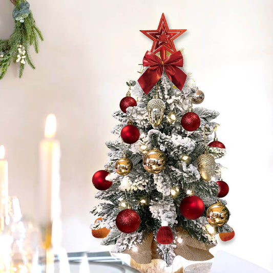 2ft Tabletop Christmas Tree with Light Artificial Small Mini Red Christmas Decoration with Flocked Snow, Exquisite Decor & Xmas Ornaments for Table Top for Home & Office