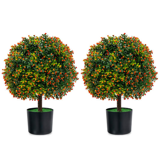 2-Pack Artificial Boxwood Topiary Ball Tree with Orange Fruit