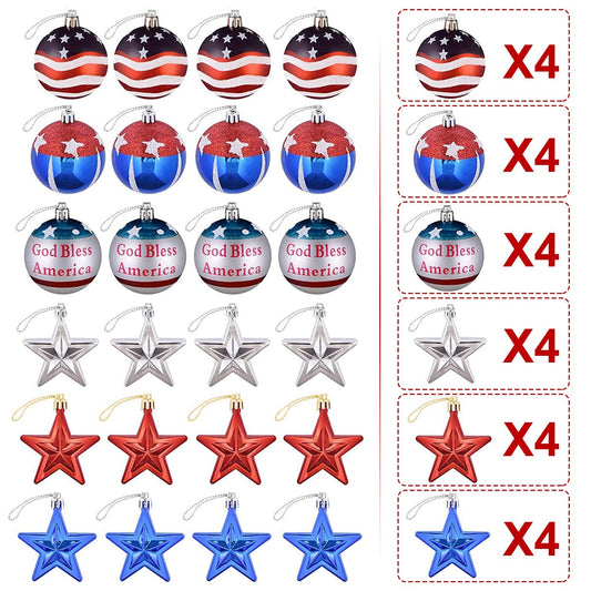24Pcs Set Hanging Ornaments Ball Star Patriotic Festival Party Decor Independence Day 4th of July Christmas Tree Wall Indoor Outdoor Decoration