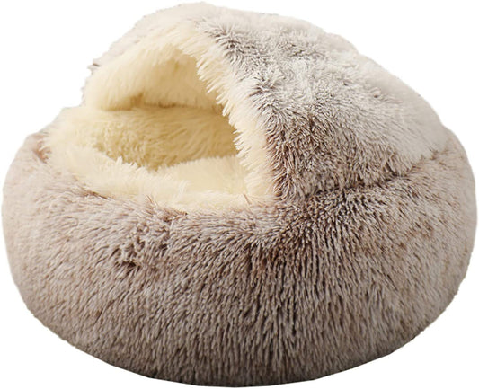 Cat Bed round Soft Plush Burrowing Cave Hooded Cat Bed Donut for Dogs & Cats, Faux Fur Cuddler round Comfortable Self Warming Pet Bed, Machine Washable, Waterproof Bottom, Small, Coffee